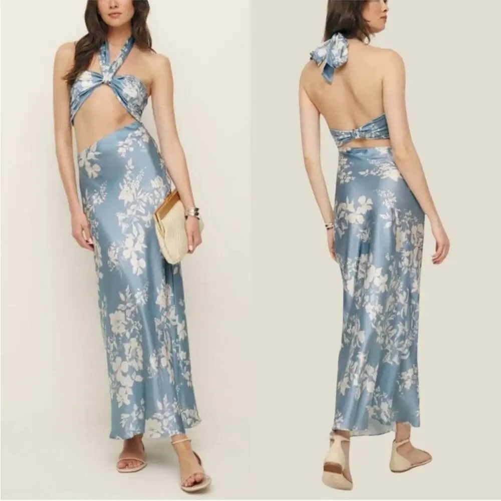 Reformation Vivi Silk Dress in Aliso Blue Floral 8 - Picture 7 of 9